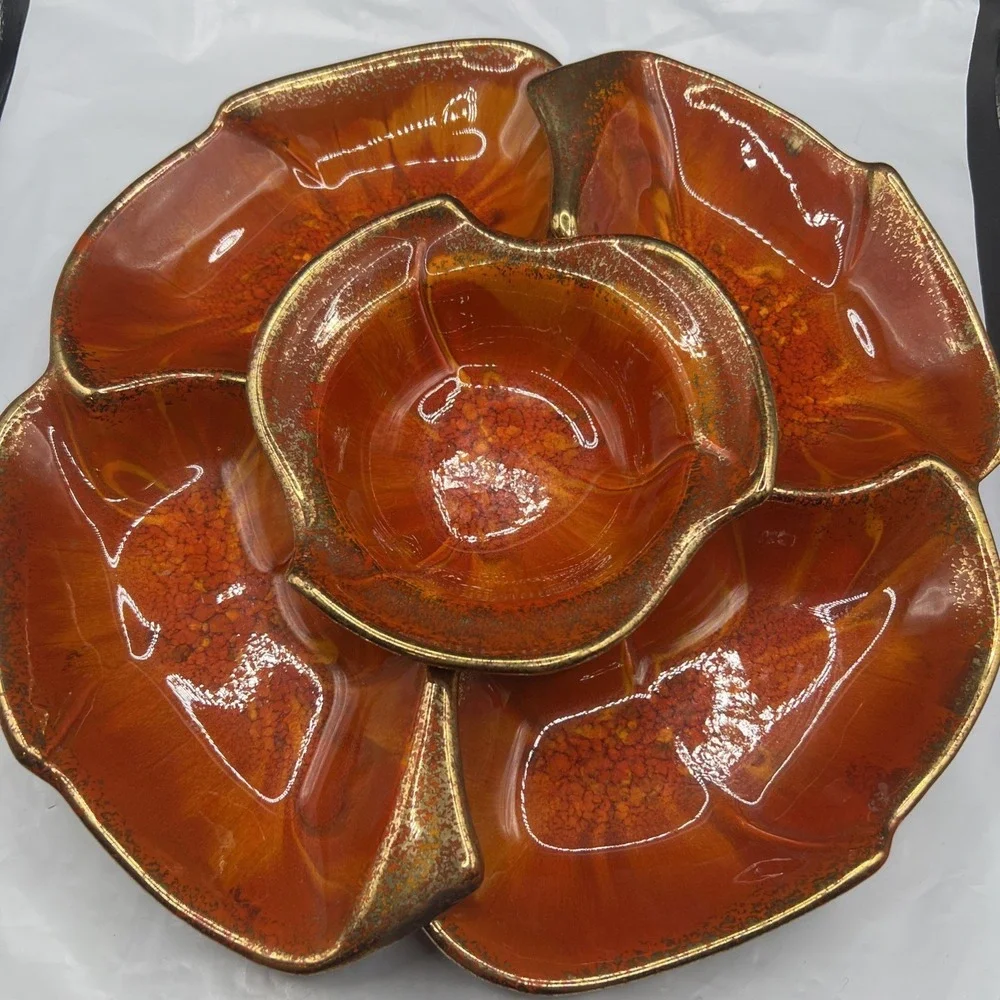 Vintage 1960s California Originals 3pc Chip Dip Set 146 Orange Drip Glaze Gold